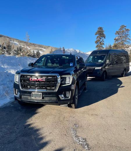 Vail mountain shuttle van parked near ski resort